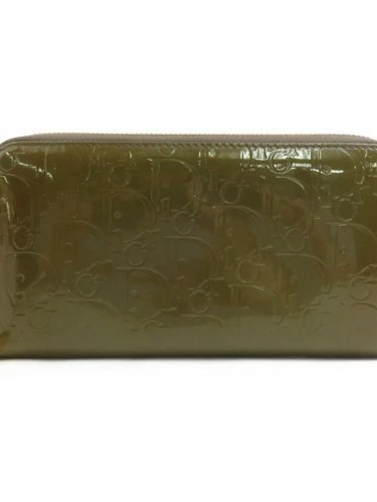 Auth Christian Dior Zip Around Long Wallet Khaki Patent Leather H32184a